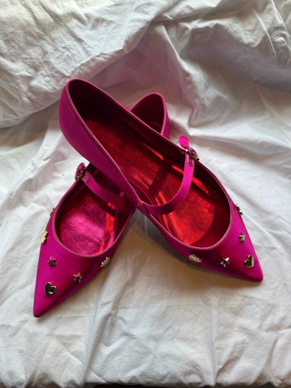 Karl Lagerfeld Veyda Hot Pink Satin Pointed Mary Jane Flats with Gold Studs - Picture 3 of 11